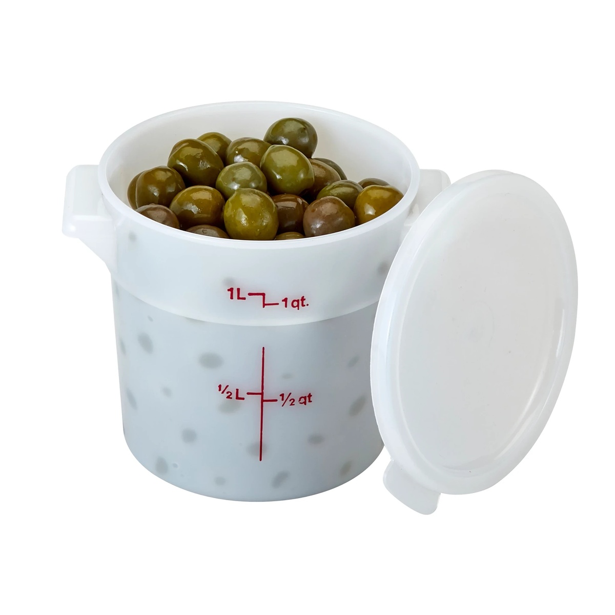 White Cambro round container filled with green olives with lid placed beside it showing measurement markings