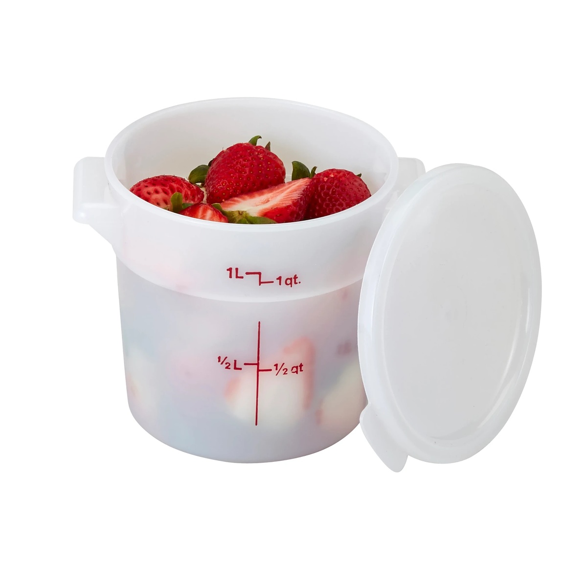 White Cambro round container filled with fresh strawberries shown alongside its optional snap-on lid