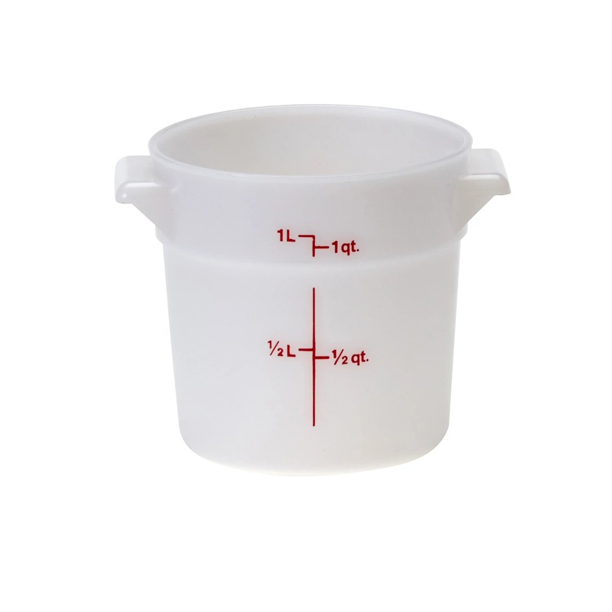 Cambro white round polyethylene food storage container with red measurement graduations in quarts and liters