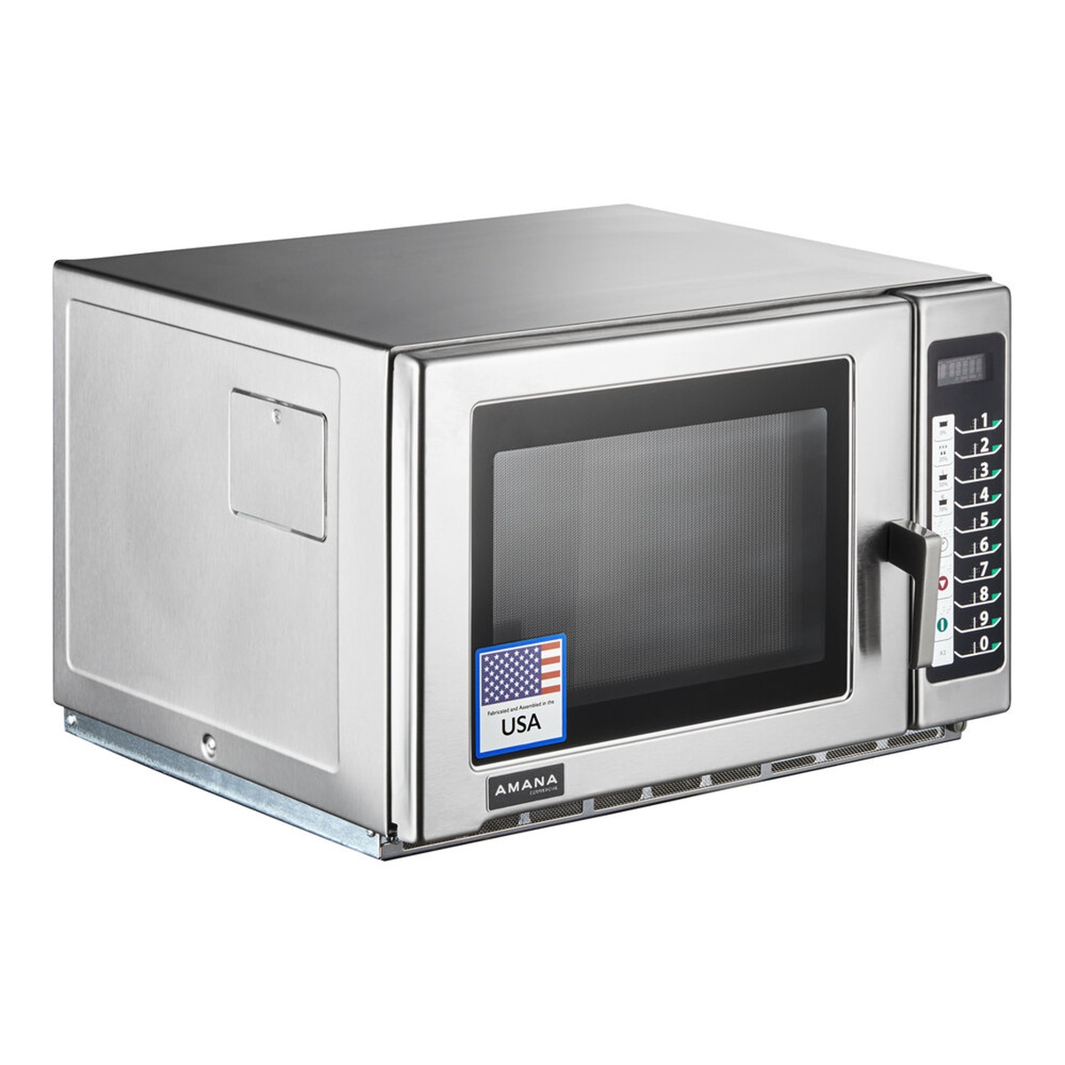 Amana RFS12TS stainless steel commercial microwave, angled front view