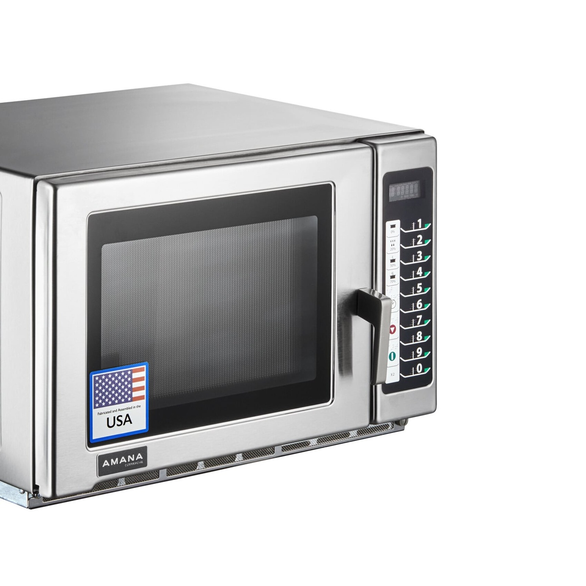 Amana RFS12TS commercial microwave door and control panel close-up