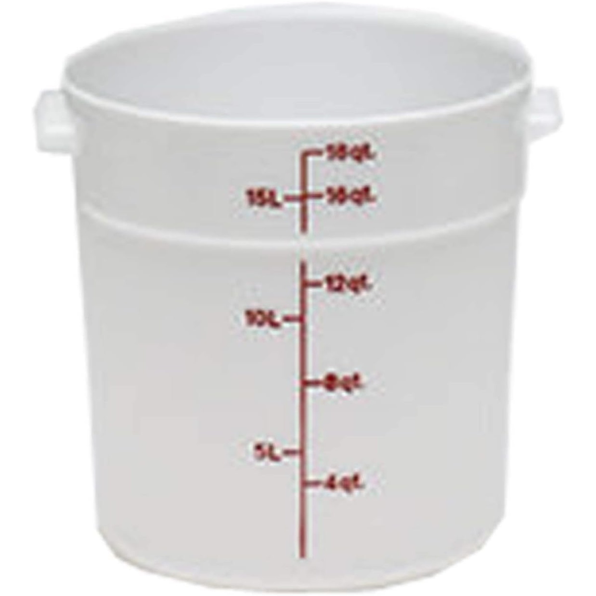 Cambro RFS18148 18 Qt. round white polyethylene food storage container with red measurement graduations and integrated side handles