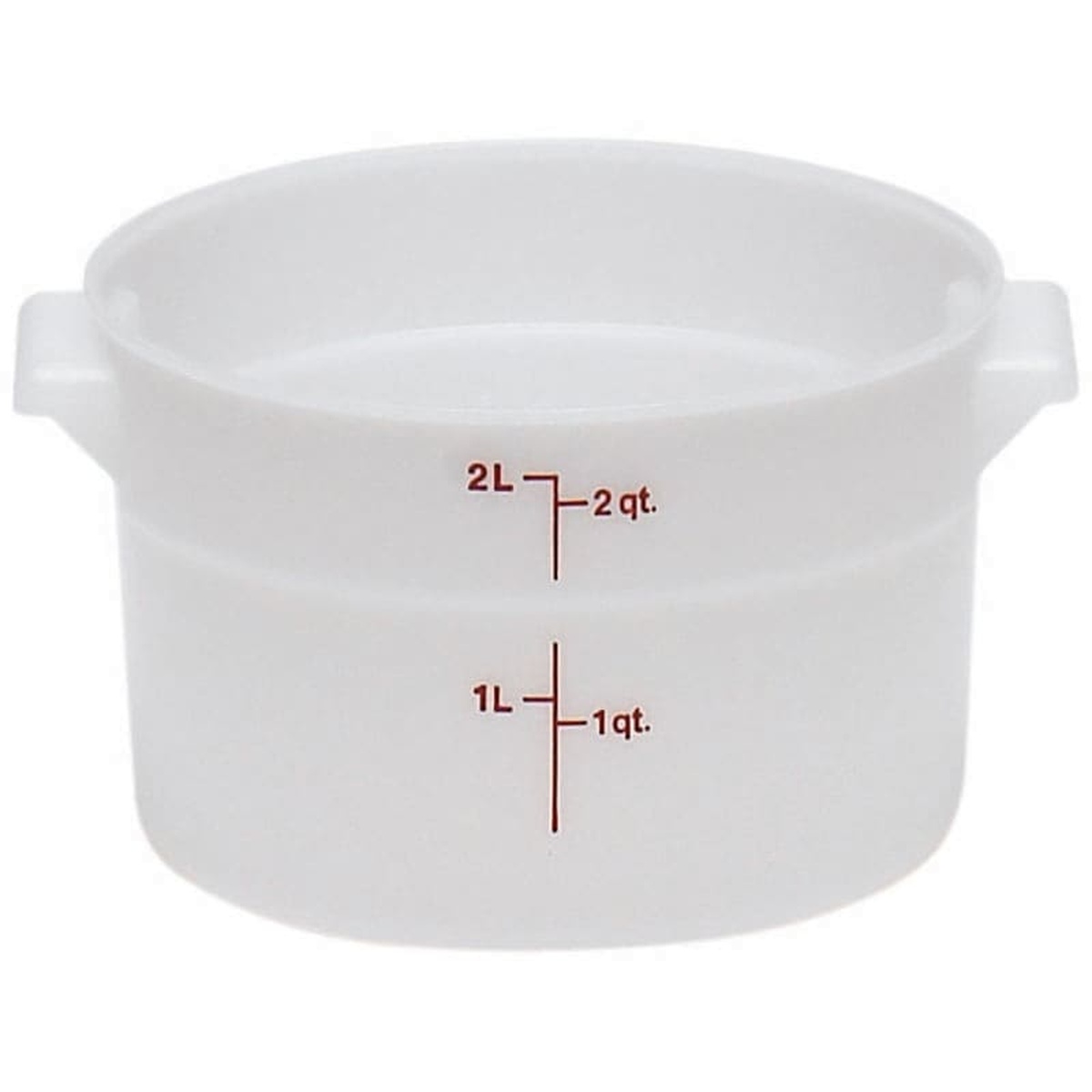 Cambro RFS2148 white round 2-quart polyethylene storage container with imprinted liter and quart graduations and molded side handles