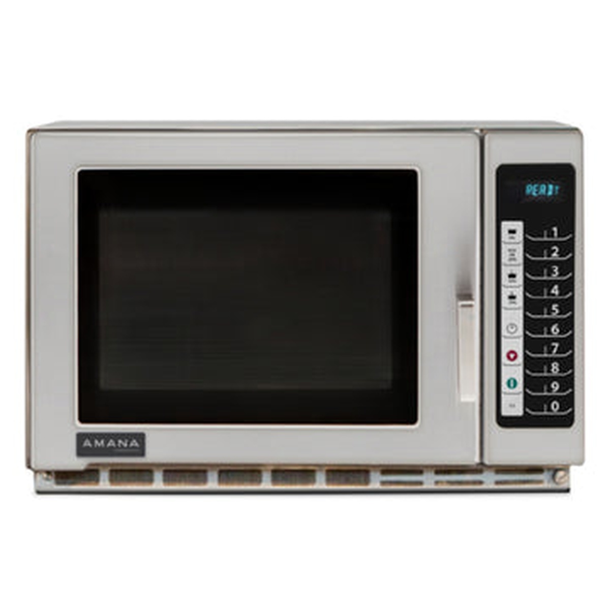 Front view of stainless commercial microwave showing door and touch control interface