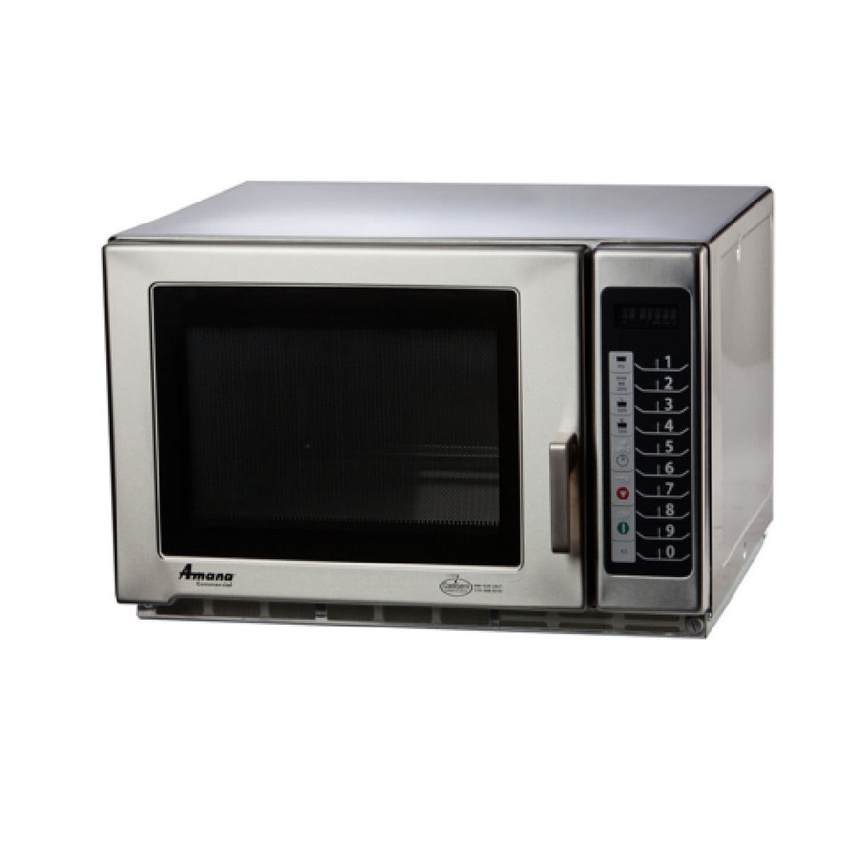 Amana commercial microwave with right-side control panel and stainless finish