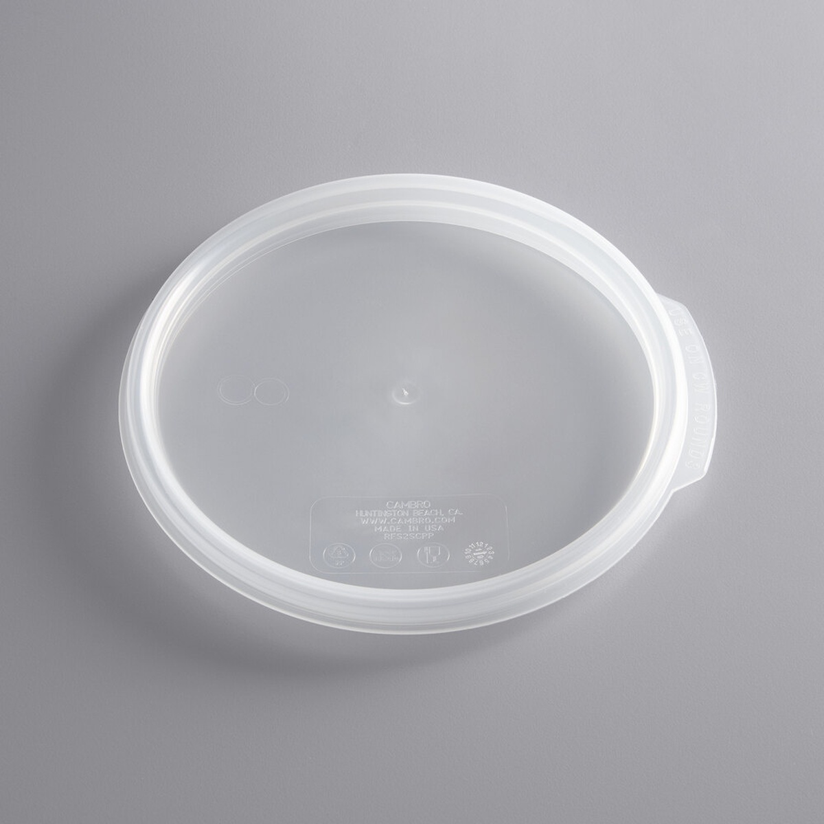Cambro RFS2SCPP190 translucent round polypropylene seal cover, bottom view showing Cambro branding and compliance icons