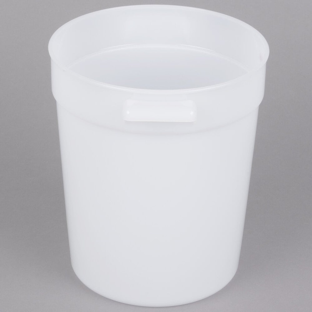 Cambro RFS4148 white round food storage container, top angled view showing open interior and integrated handle