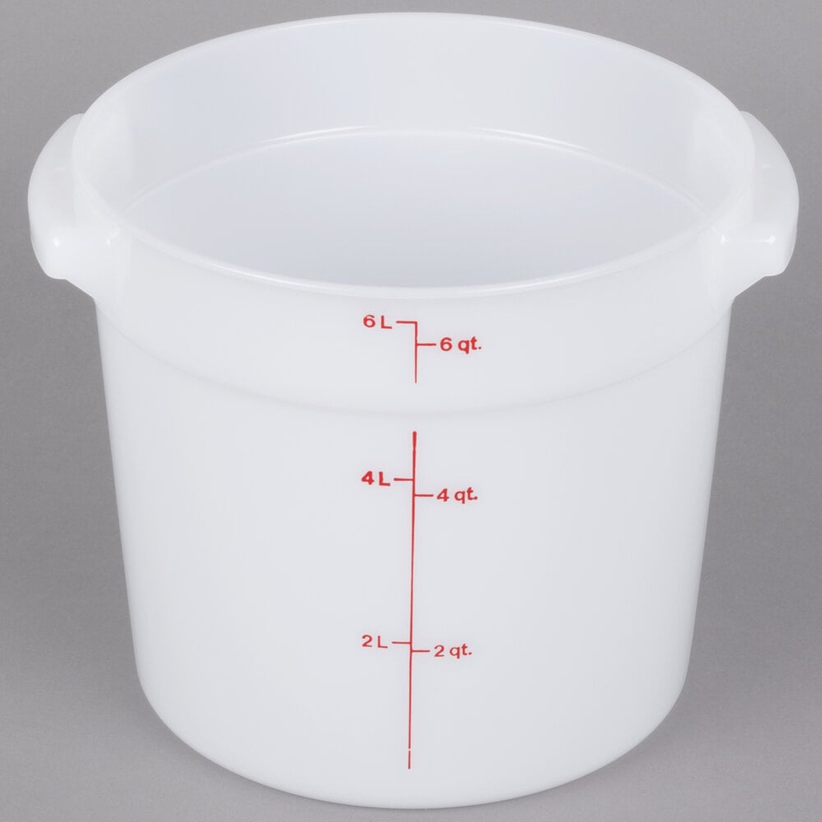 Cambro RFS6148 6 qt white round food storage container angled top view showing interior and measurement markings