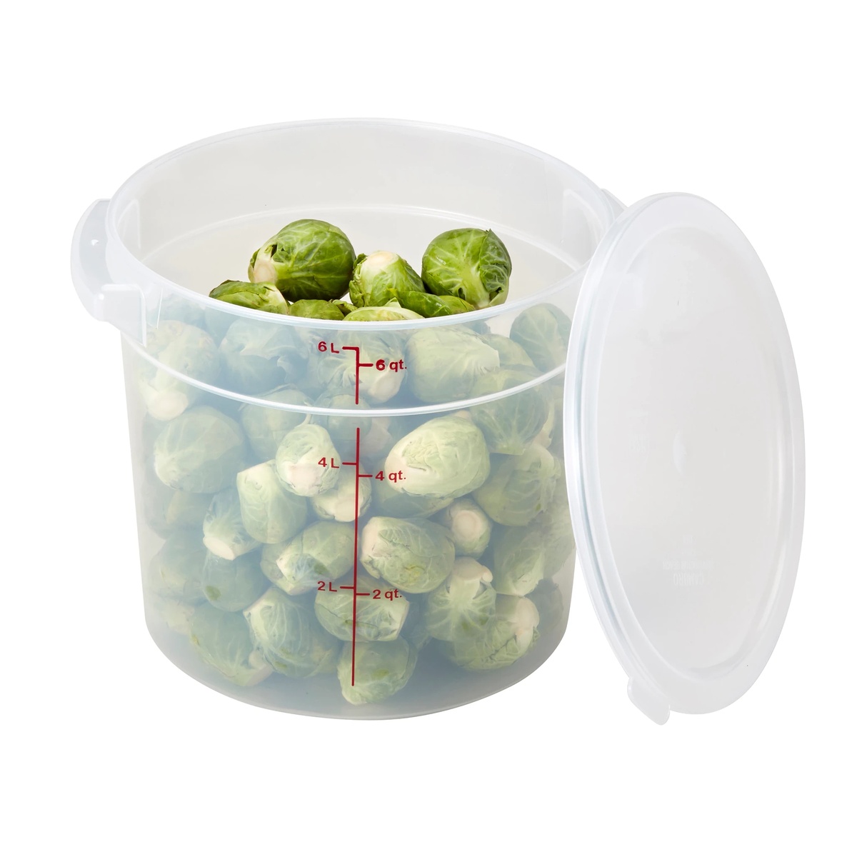 Translucent round container filled with produce with matching lid shown beside it