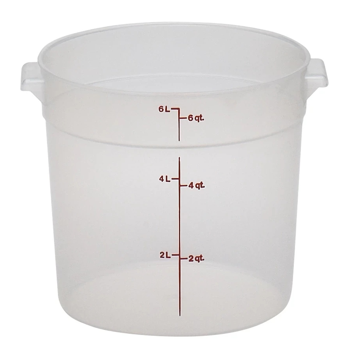 Translucent round food storage container showing red capacity markings
