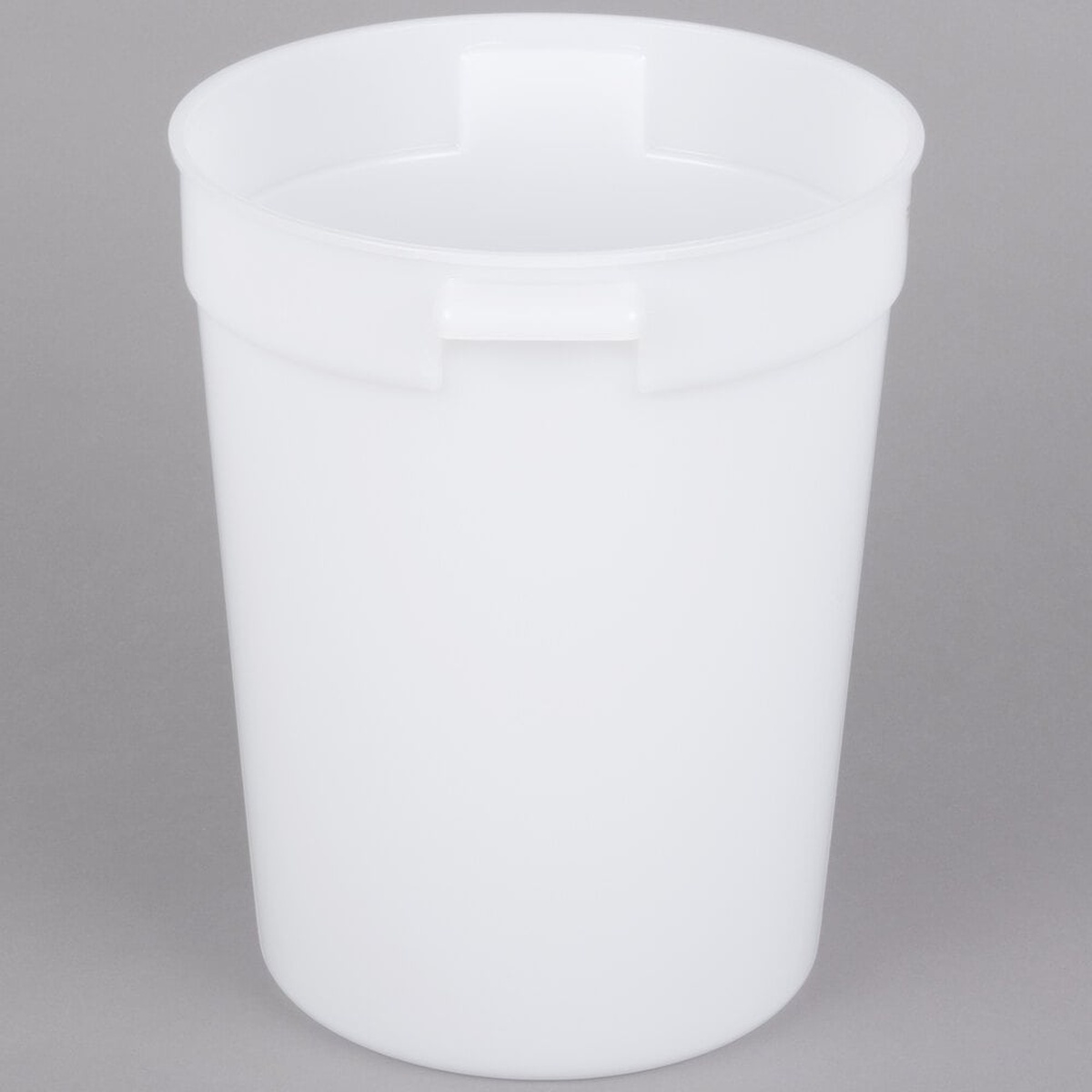 Cambro RFS8148 white round food storage container angled top view showing integrated handles with molded-in drying holes
