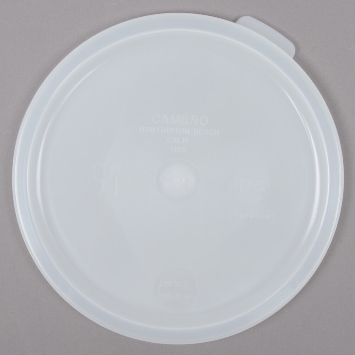 Cambro RFSC2148 white polyethylene round food storage container lid, bottom view showing model number and Made in USA marking