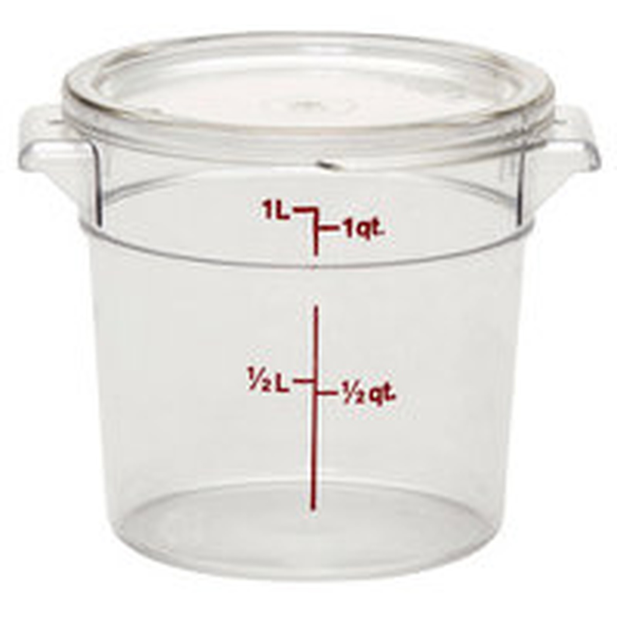 Cambro RFSCW1135 clear round 1 quart food storage container showing molded handles and measurement markings