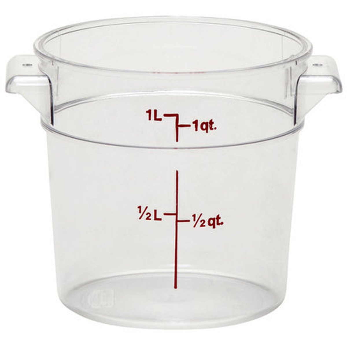 Cambro RFSCW1135 1 Qt clear round polycarbonate food storage container with red measurement graduations and molded handles