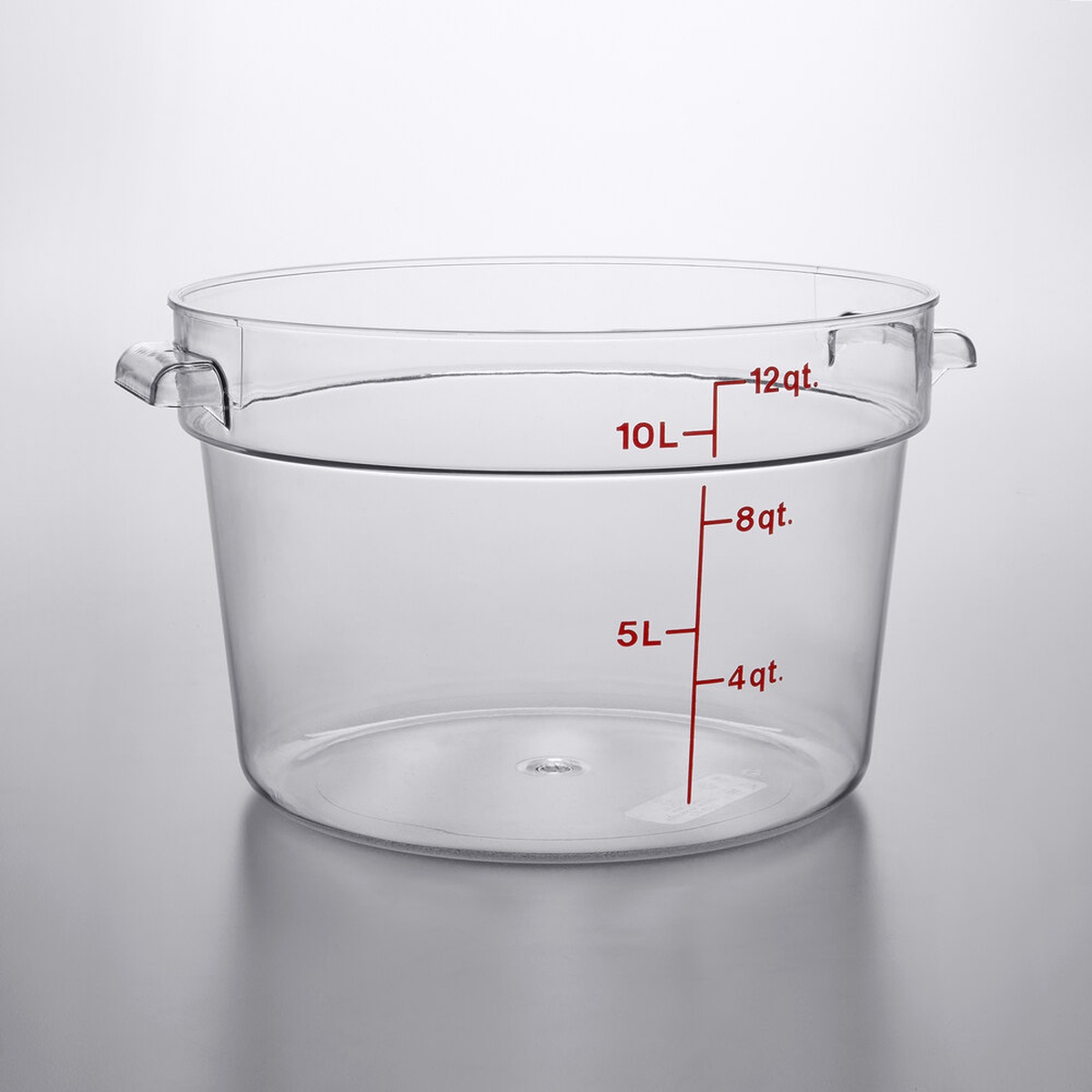 Cambro RFSCW12135 12 qt. clear round polycarbonate food storage container with red imprinted measurement graduations and molded handles