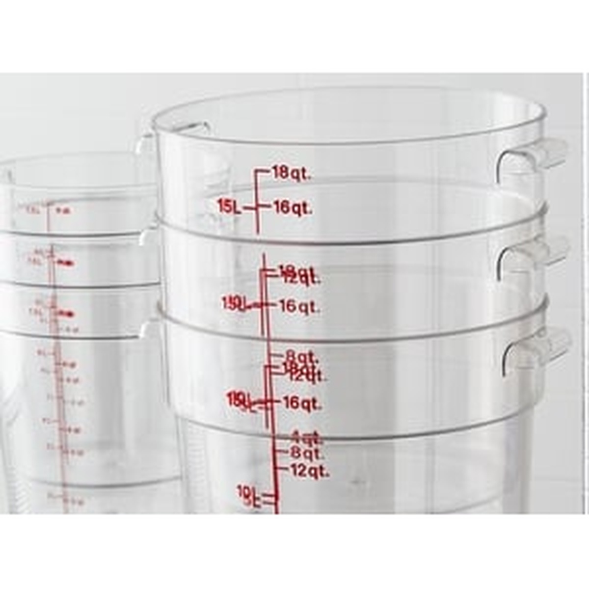 Multiple Cambro 18 qt clear round polycarbonate food storage containers stacked together showing space-saving design