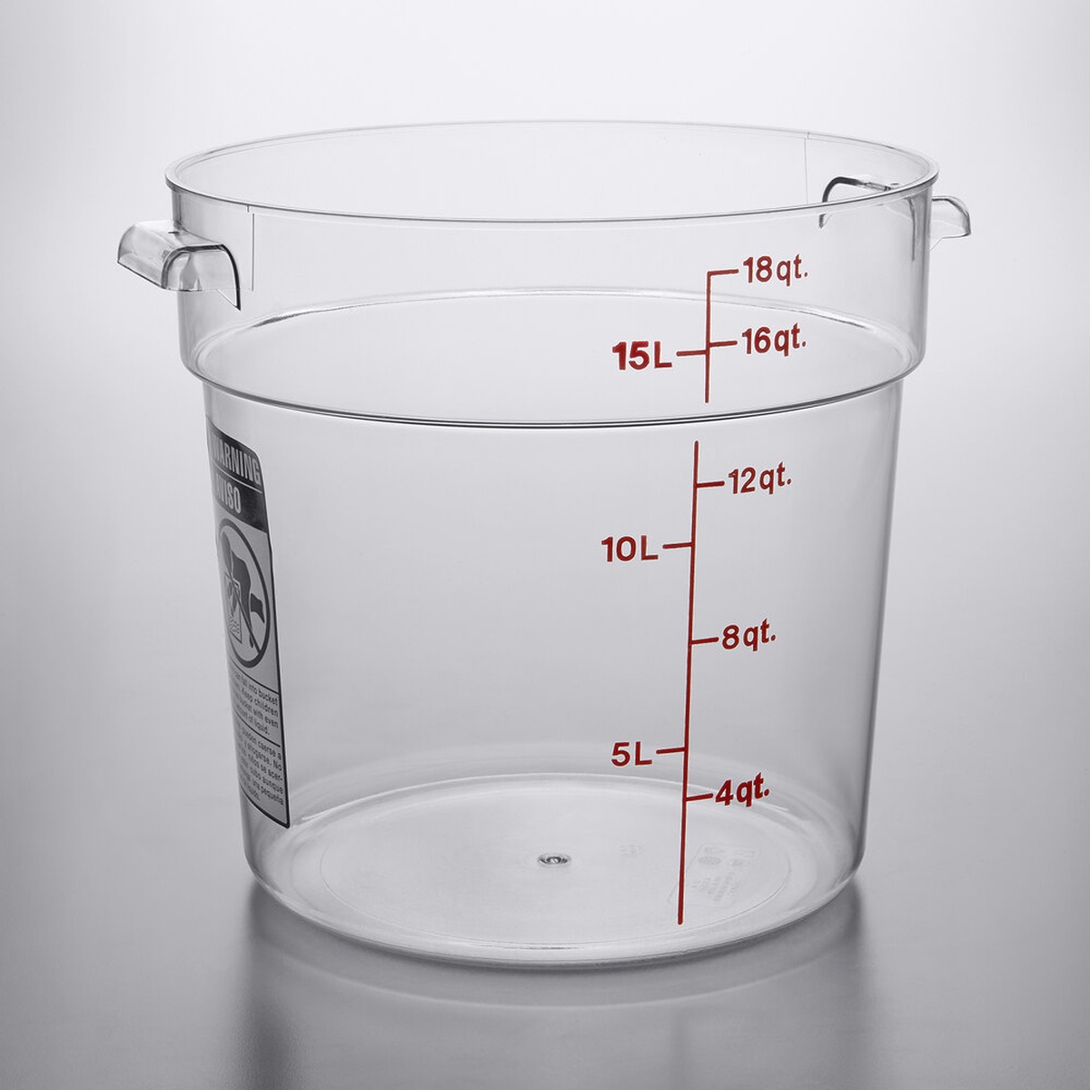 Cambro RFSCW18135 18 qt clear round polycarbonate food storage container with red measurement graduations and integrated handles