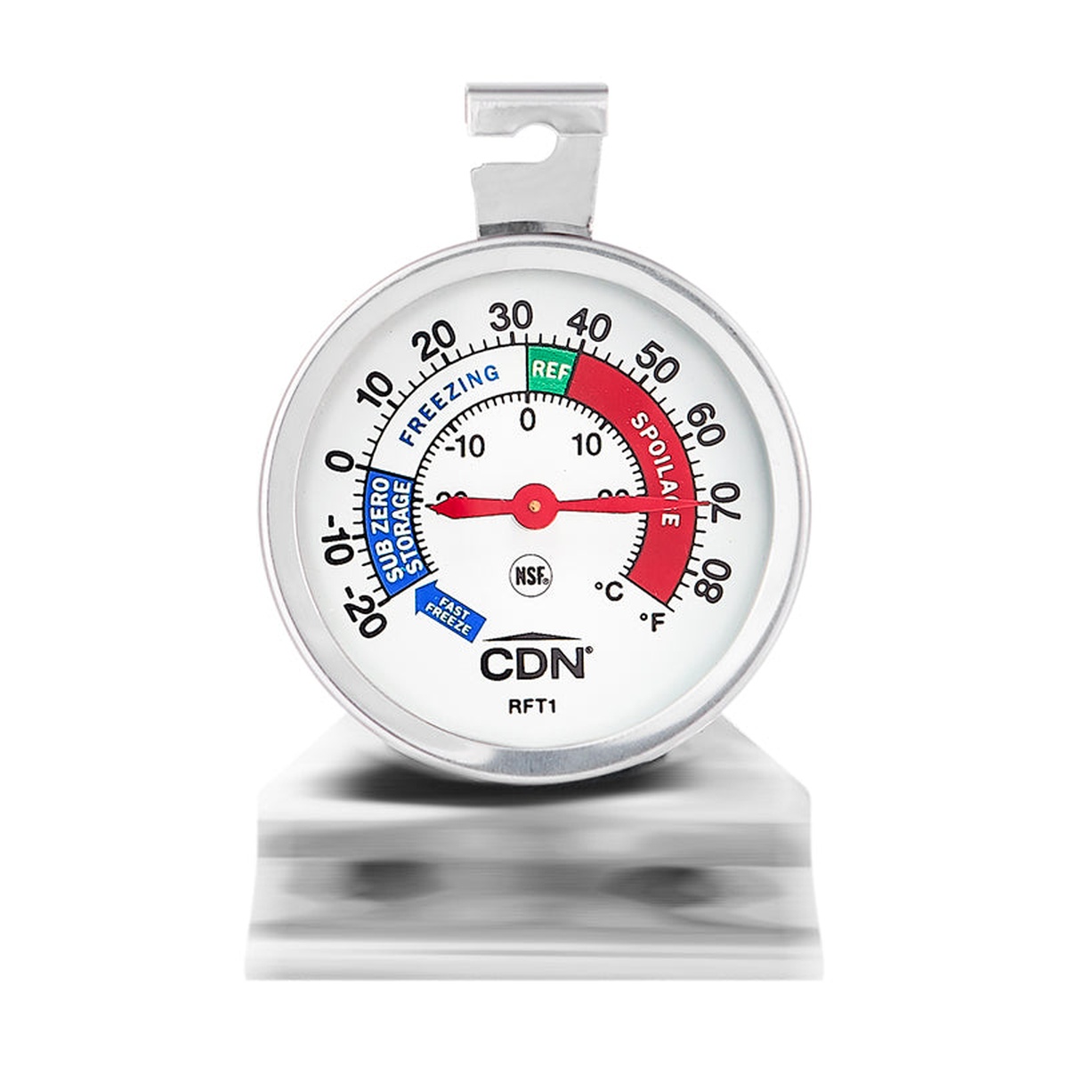 Front view of CDN RFT1 refrigerator freezer thermometer dial with NSF certification mark, color-coded temperature zones, and stainless steel stand