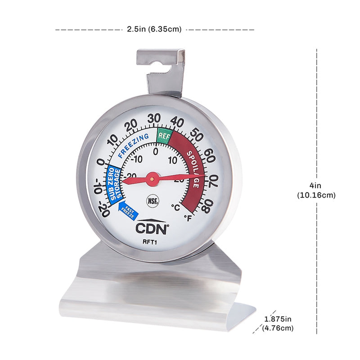 CDN RFT1 thermometer with dimension callouts showing 2.5 inch width, 4 inch height, and 1.875 inch depth