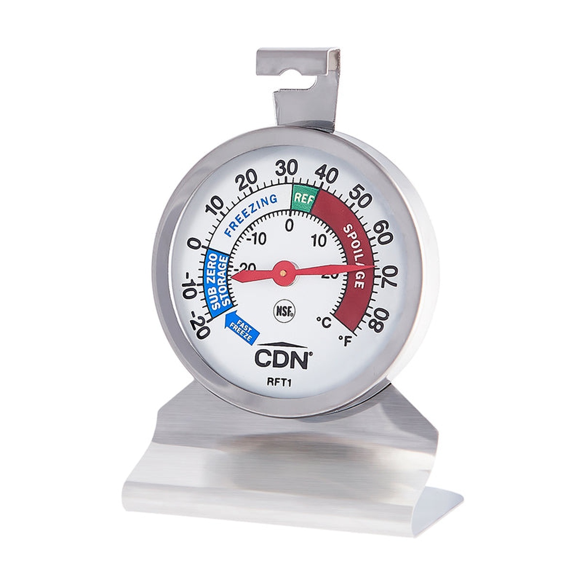 CDN RFT1 refrigerator freezer thermometer on stainless steel stand, angled view showing color-coded temperature dial with Sub Zero Storage, Fast Freeze, Freezing, REF, and Spoilage zones