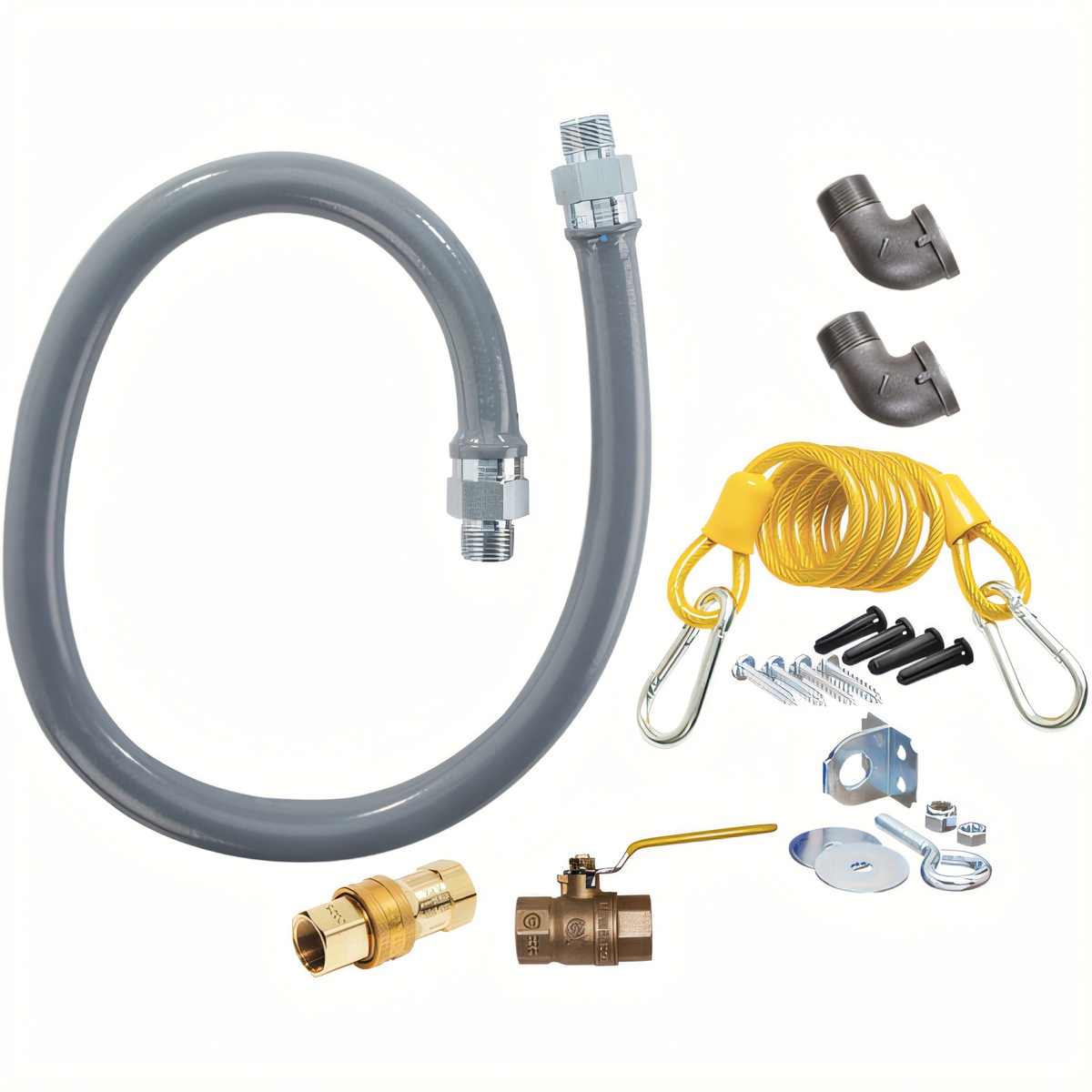 Dormont RG7548 ReliaGuard gas connector kit showing gray PVC-coated hose, quick disconnect valve, full-port ball valve, two 90-degree street elbows, yellow coiled restraining cable, and mounting hardware