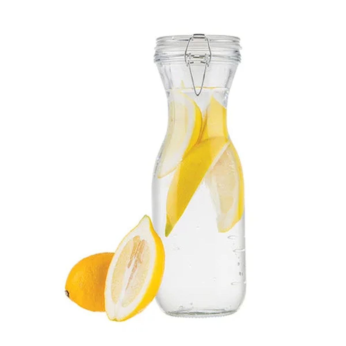 Tablecraft RGC16 17 oz. clear glass resealable carafe filled with water and lemon slices