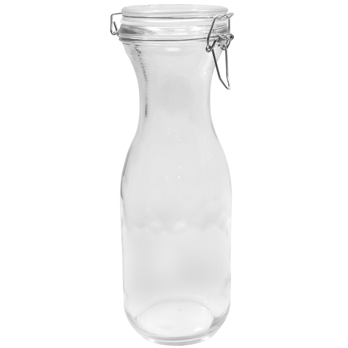 TableCraft RGC34 34 oz resealable clear glass carafe with wire bail lid and silicone gasket on white background
