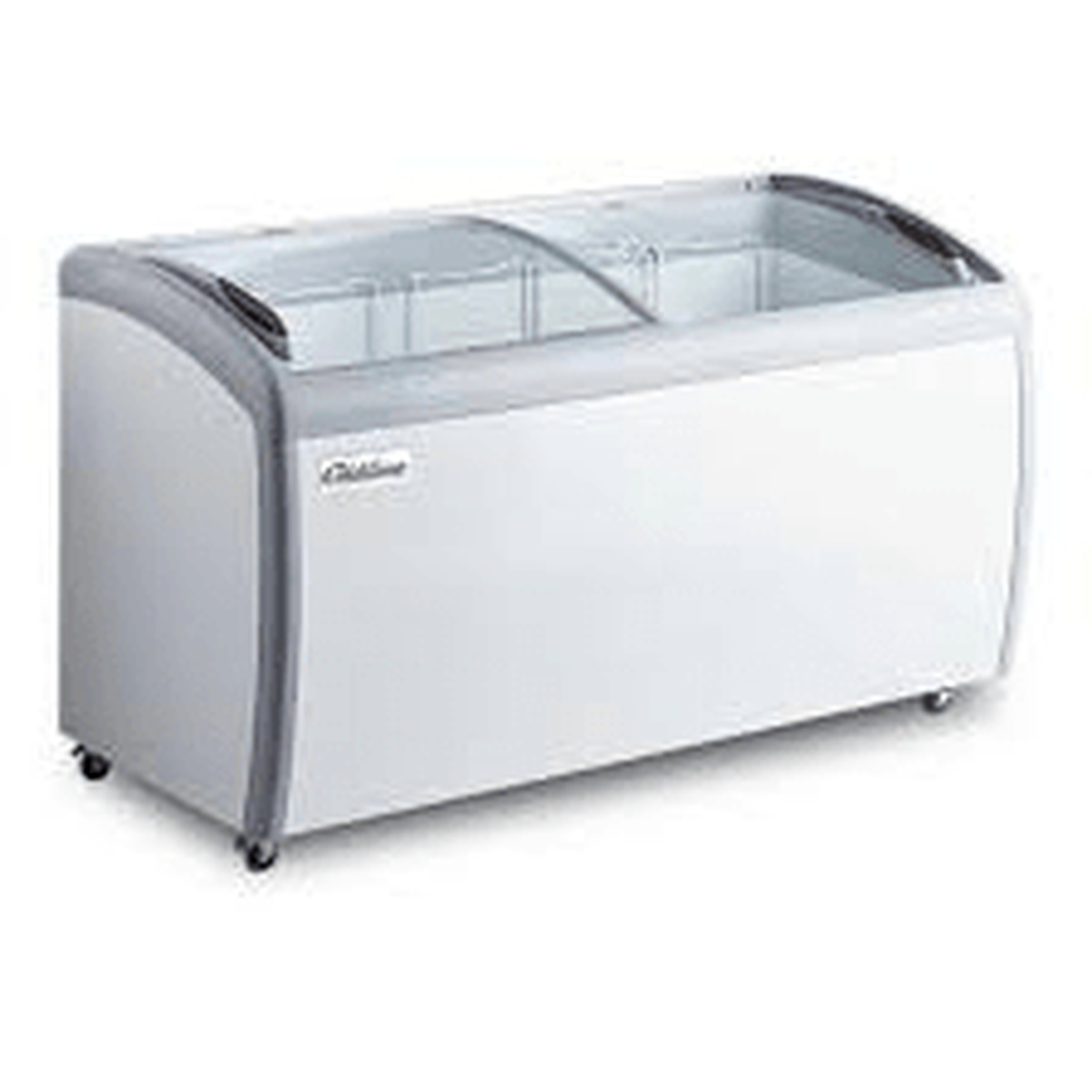RI-360A Enhanced curved glass merchandiser freezer with sliding glass doors, white exterior, and caster wheels