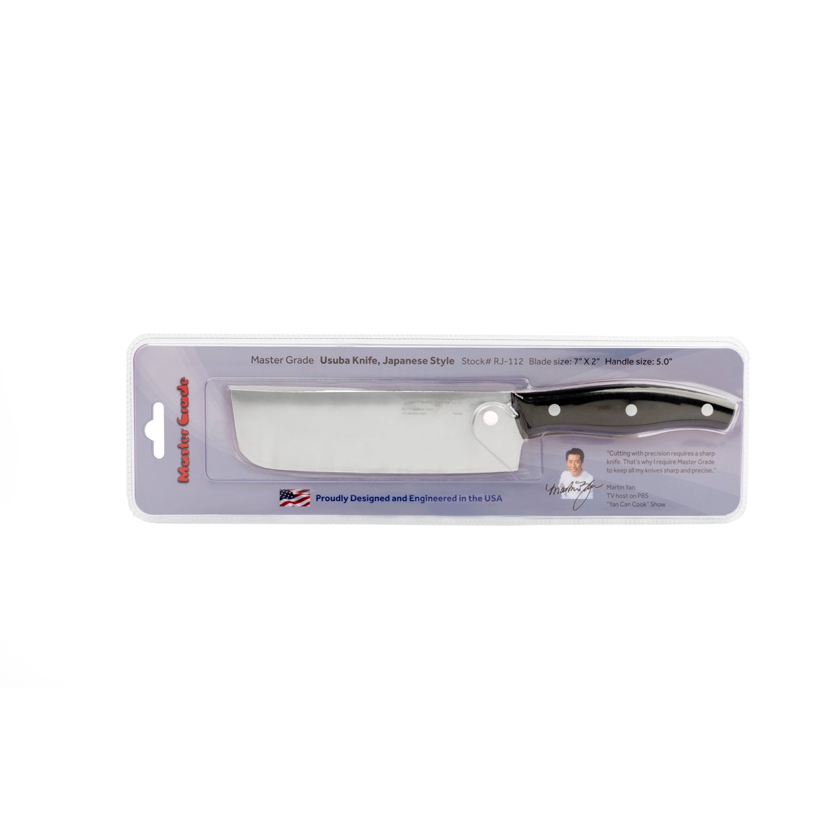Master Grade RJ-112 Usuba Knife in retail packaging showing product specifications