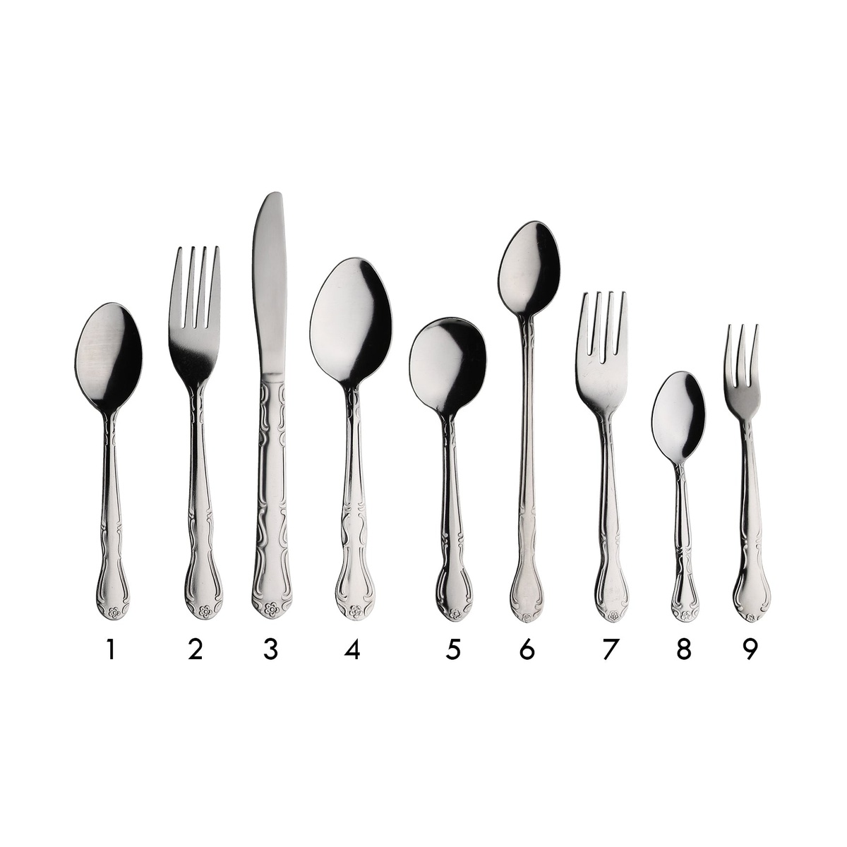 Full Rosa Linda flatware collection by Libertyware including forks, spoons, and knives with matching floral embossed handles