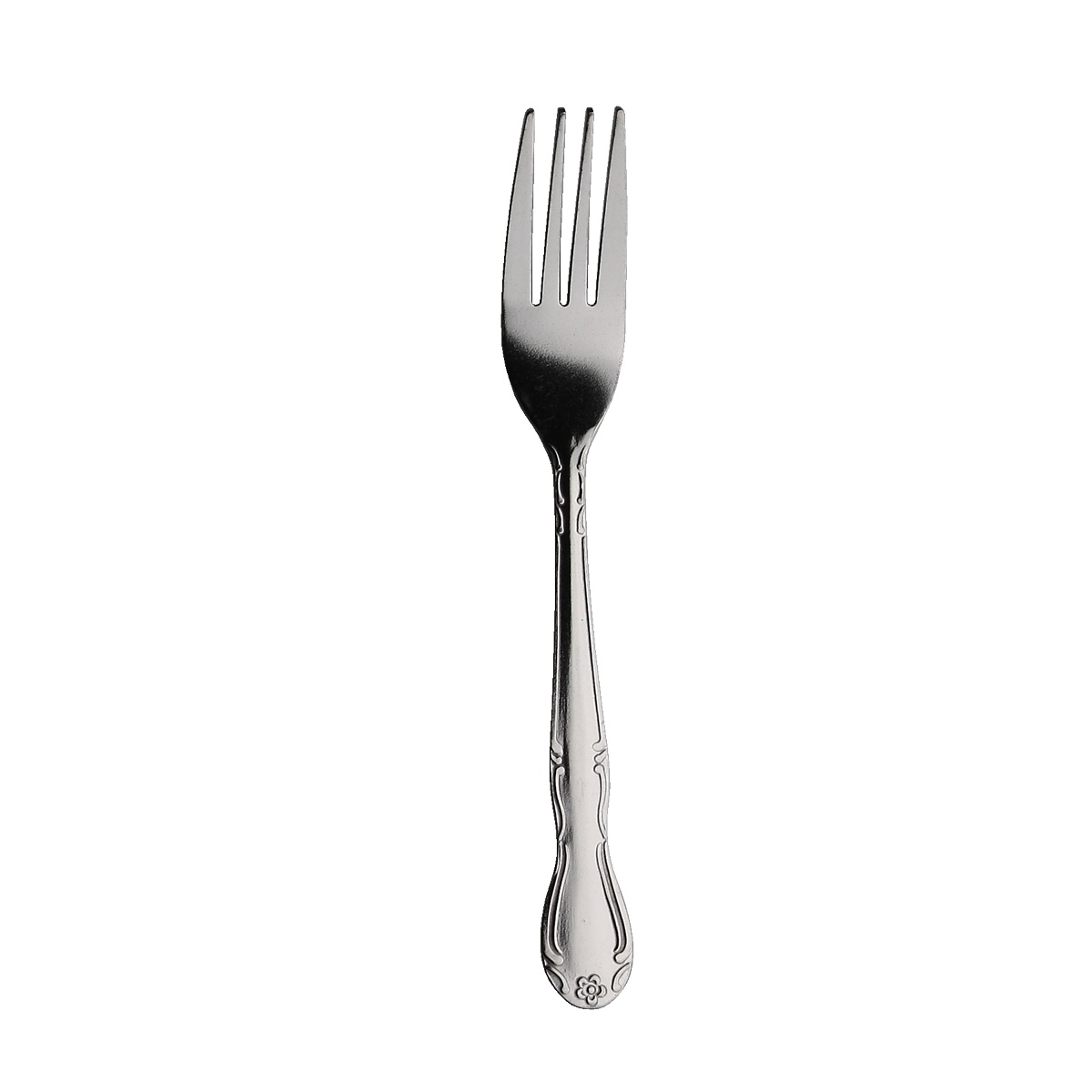 Libertyware Rosa Linda RL2 dinner fork with ornate floral embossed handle, stainless steel vibro finish