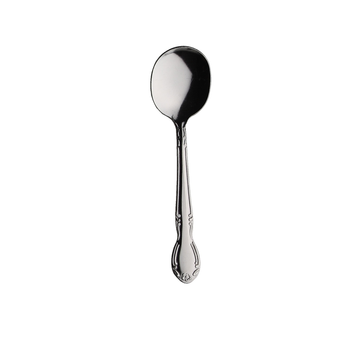 Libertyware Rosa Linda bouillon spoon with ornate floral handle detail, stainless steel