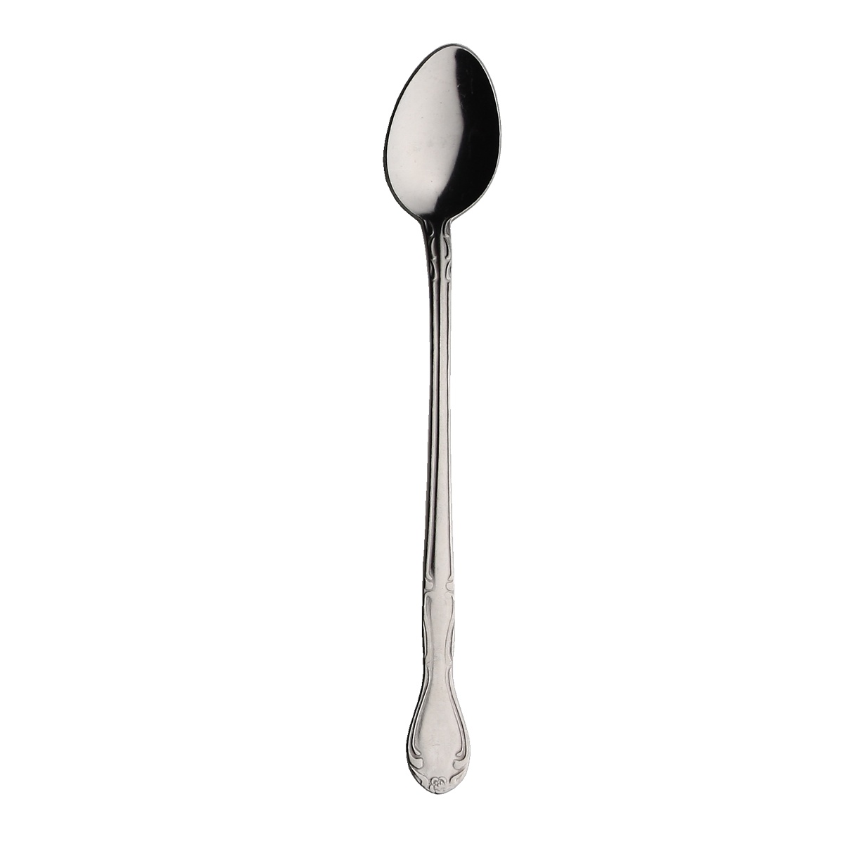 Libertyware Rosa Linda iced tea spoon with decorative scrollwork handle and polished bowl