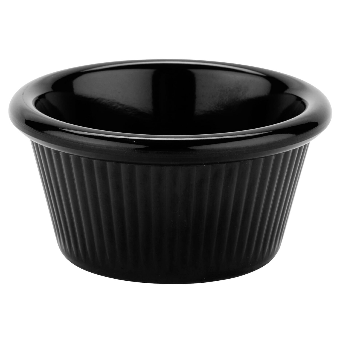 G.E.T. Enterprises fluted melamine ramekin, straight-on side view showing fluted ridges and rolled rim