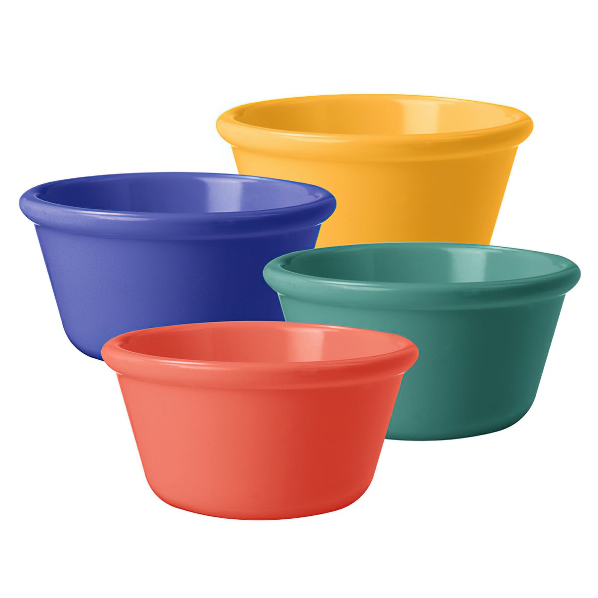 Four smooth round melamine ramekins in blue, yellow, teal, and red-orange colorways