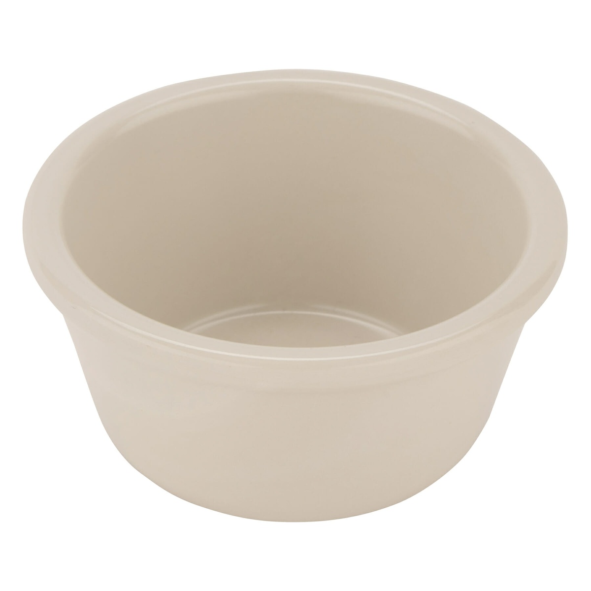Angled view of GET Enterprises RM-388-IV ivory melamine ramekin showing smooth interior and rolled rim