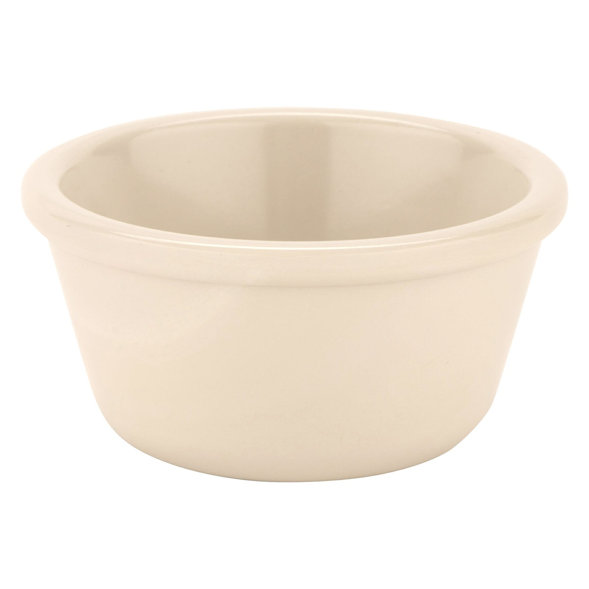 Side profile view of GET Enterprises RM-388-IV ivory melamine ramekin showing height and smooth exterior walls