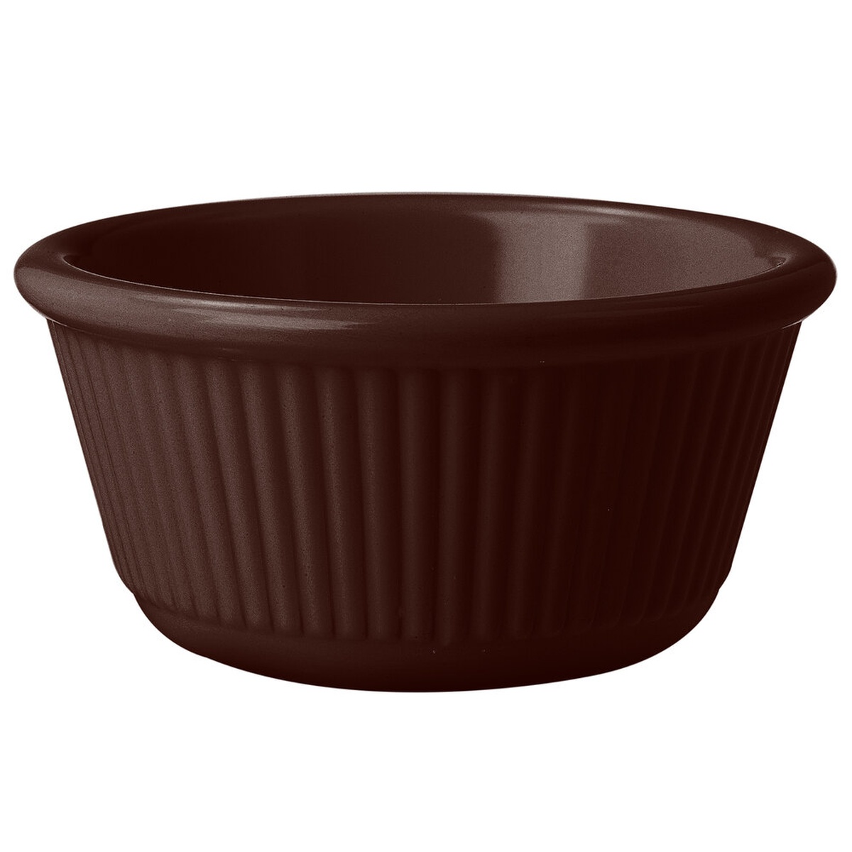 G.E.T. Enterprises RM-389-BR brown fluted melamine ramekin, 3 oz., viewed from a slight angle showing the fluted exterior and rolled rim