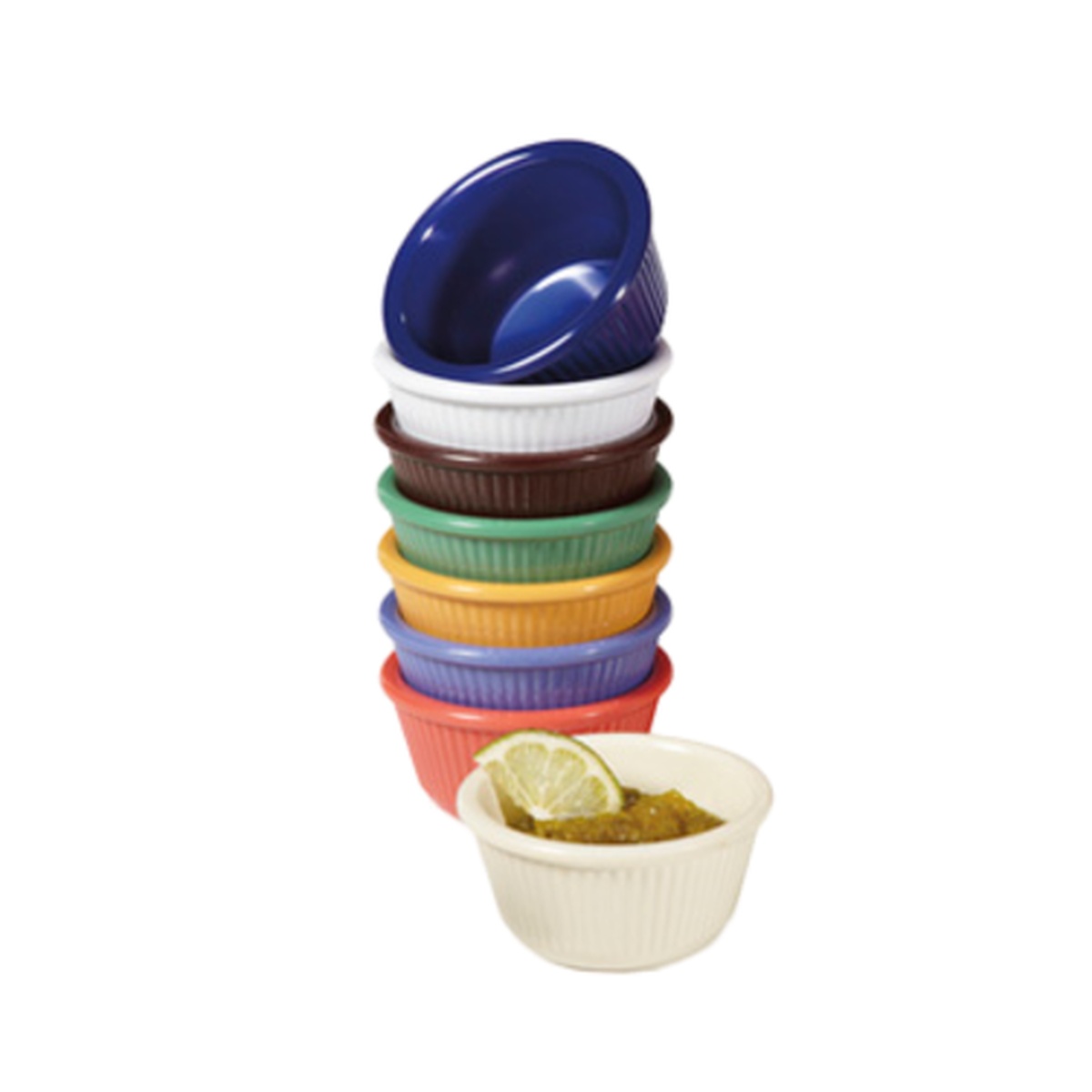 Assorted GET Enterprises fluted melamine ramekins stacked in multiple colors including blue, white, brown, green, yellow, purple, and red