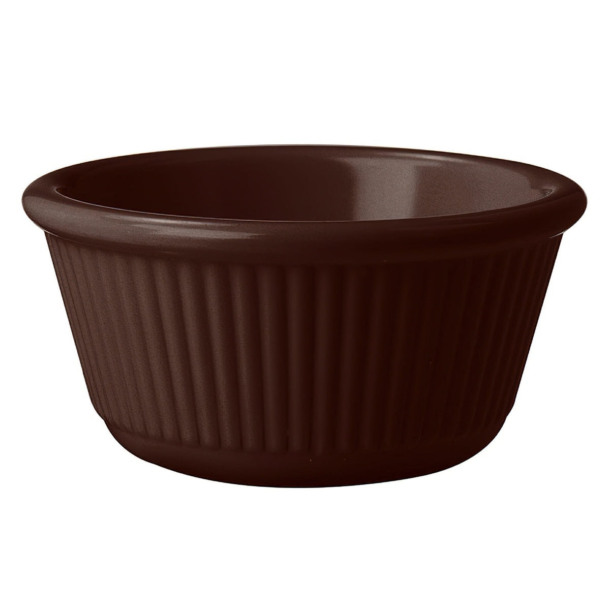 G.E.T. Enterprises RM-389-BR 3 oz. brown fluted melamine ramekin, close-up view showing fluted exterior detail