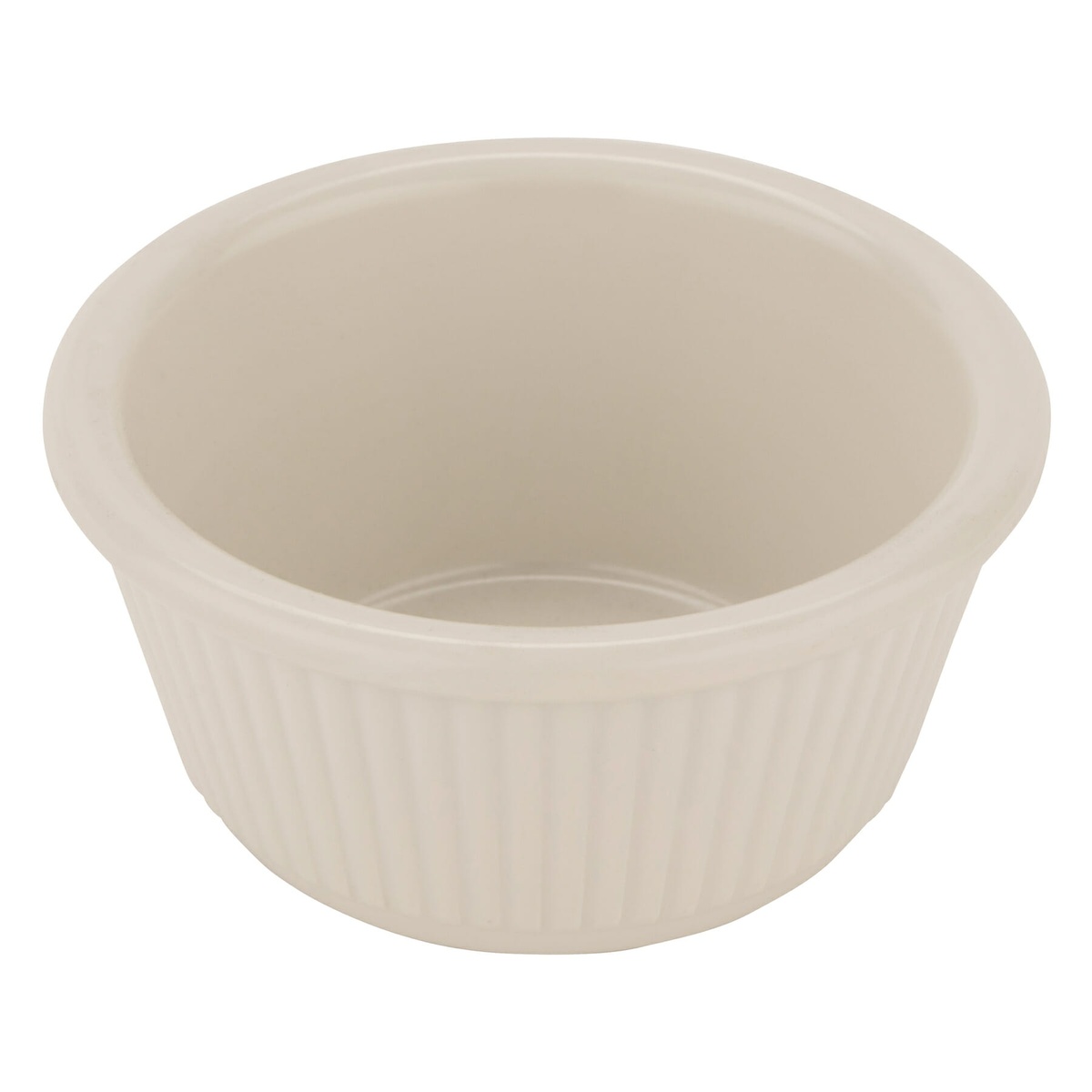 G.E.T. RM-389-IV ivory fluted melamine ramekin viewed from above at an angle showing interior and fluted sides