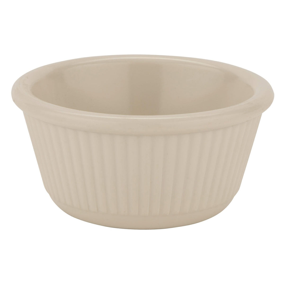 Side view of G.E.T. Enterprises ivory fluted melamine ramekin showing full profile and rim