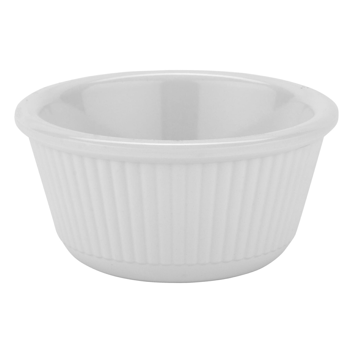 Side profile view of G.E.T. Enterprises RM-389-W white fluted melamine ramekin showing cone shape and depth