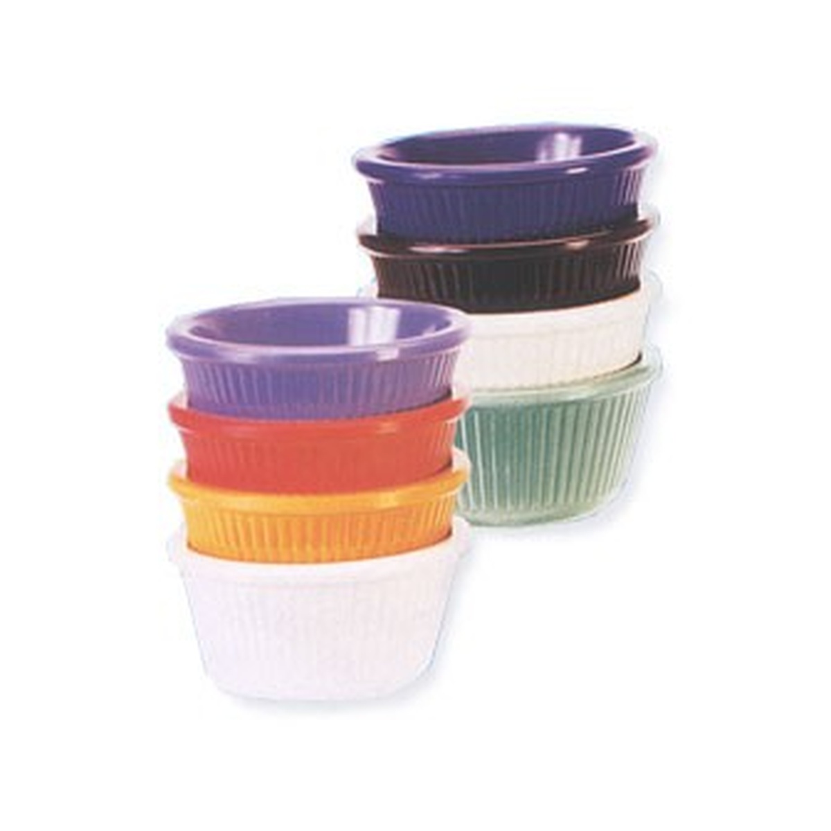 G.E.T. Enterprises RM-389-W white melamine fluted ramekins stacked in assorted colors