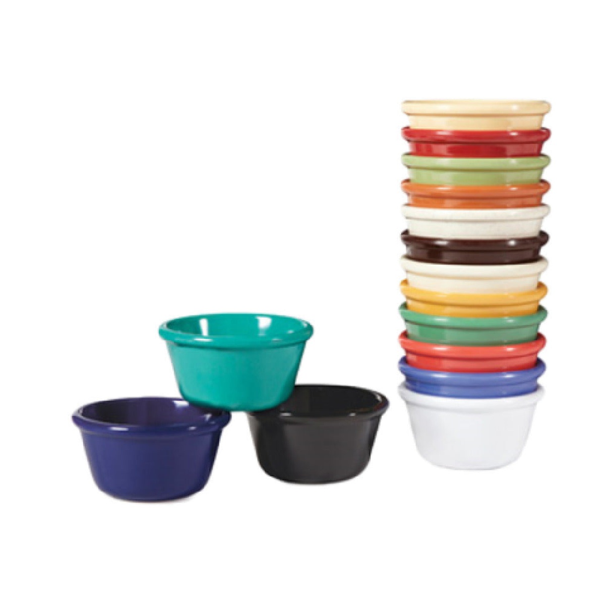 GET Enterprises RM-400-BK cone-shaped melamine ramekins shown in multiple colors including black, teal, navy, and white, with a stacked tower of color variants