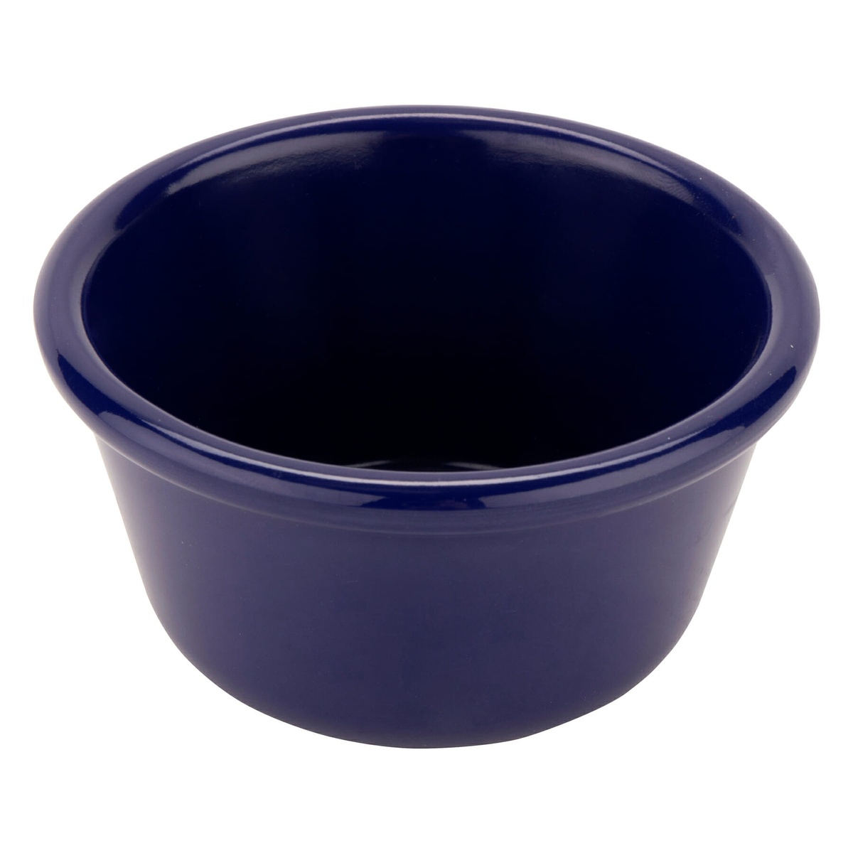 G.E.T. Enterprises RM-400-CB cobalt blue melamine ramekin, angled view showing smooth exterior and rolled rim