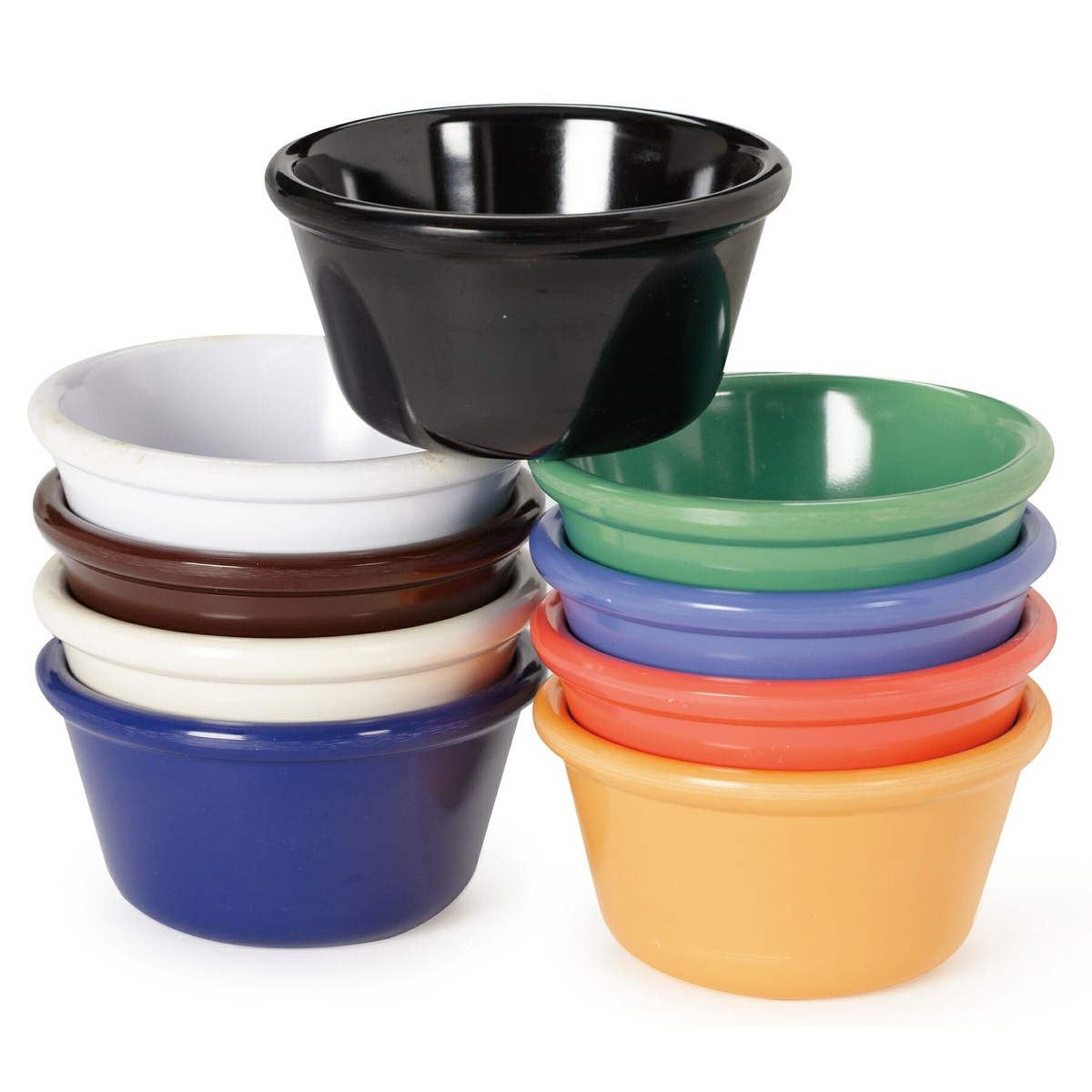 G.E.T. Enterprises RM-400-MIX melamine ramekins stacked in assorted Mardi Gras colors including yellow, orange, blue, and green