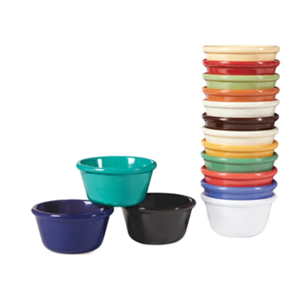Stacked colorful GET Enterprises melamine ramekins displayed in multiple colors including teal, navy, black, and assorted warm tones