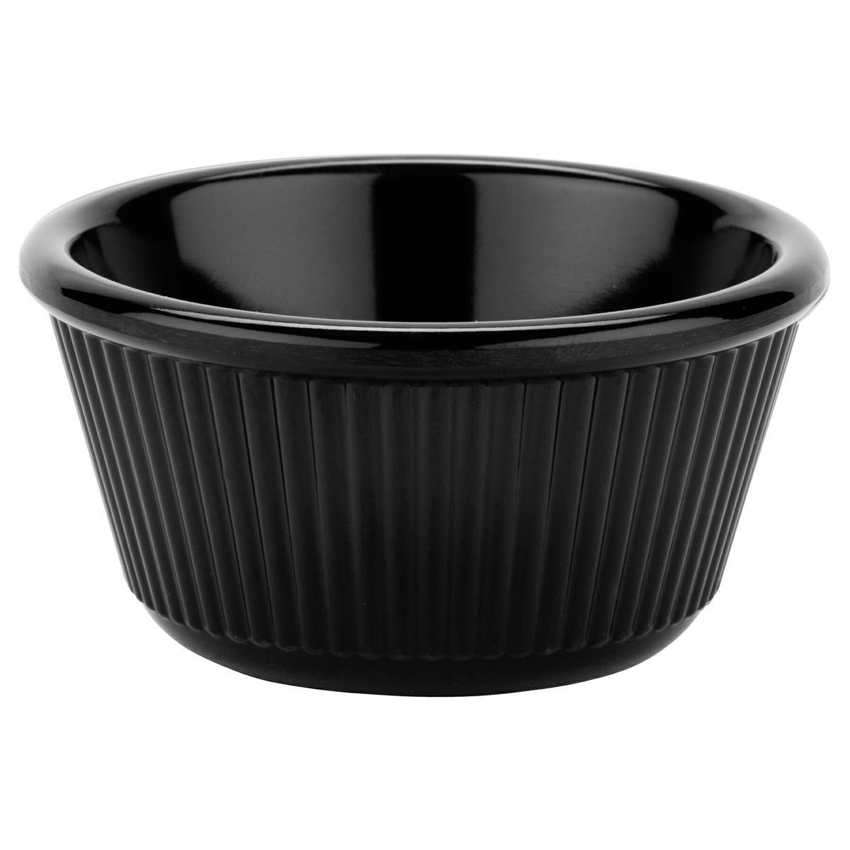 GET Enterprises RM-401-BK black fluted melamine ramekin, straight-on front view highlighting depth and fluted sides
