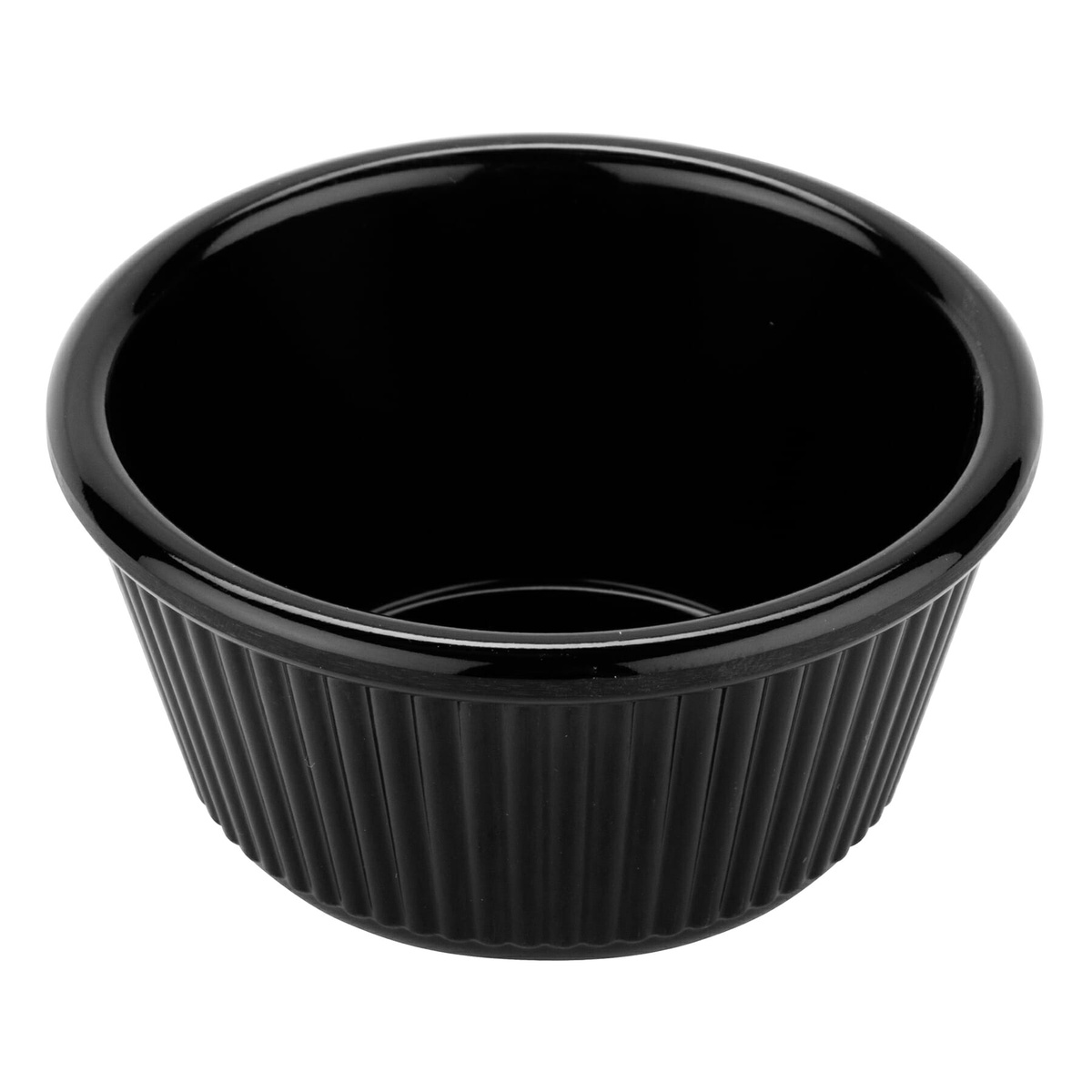 GET Enterprises RM-401-BK black fluted melamine ramekin, angled view showing fluted exterior and glossy interior